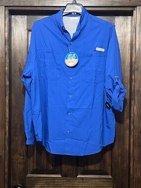Columbia Bright Blue UPF 40 Outdoor Button-Up Shirt fishing Omni-Shade Sun